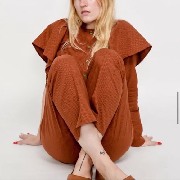 ❌SOLD❌ NWOT Rita Row x Free People Lola Ruffled Orange Microchecks Jumpsuit - Picture 6 of 8